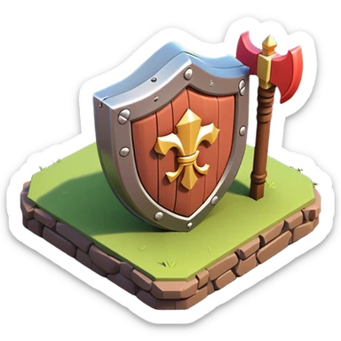 Clash of Clans aesthetic: Cinematic Playful 3D Isometric Shield Emoji, rendered in a 3D vector-style similar to standard emojis with minimal shading and bold, simplified shapes. A compact, distinct form with signature details, softly glowing with a fantasy RPG magic charm. Simplified yet unmistakably iconic, highly detailed and consistent, glowing with a soft radiance and high shine. Stylized with a touch of heroic grandeur and a soft glowing outline, capturing the essence of a beloved gaming relic with a friendly, playful manner! sticker