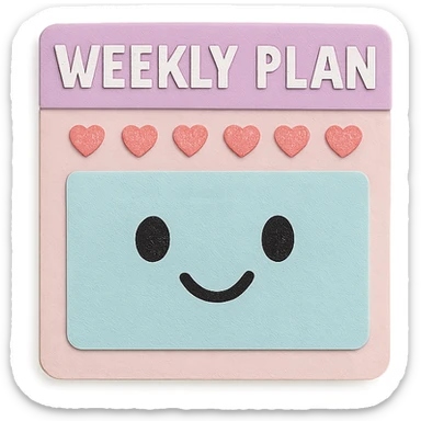 soft pastel kawaii weekly planner box with tiny heart icons, with a smiling face sticker