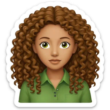 Melanie Brown with long brown curly hair, green shirt sticker