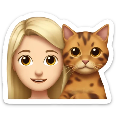 a girl with blond hair and brown eyes hugs a tortoiseshell cat sticker