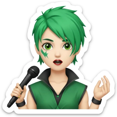 green haired, warrior makeup, holding microphone, singing sticker