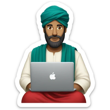 A caliph with turban and red clothes and a laptop sticker