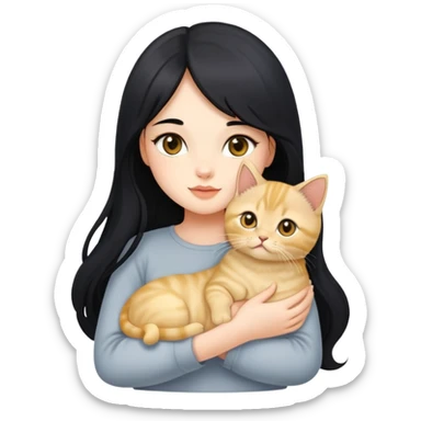 Beautiful girl with long black hair holding a cute golden British shorthair kitten in her arms sticker