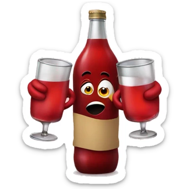 A red ❤️ emoji with eyes, a mouth, and hands, looking tipsy, holding a drink bottle, with a playful, drunken expression sticker