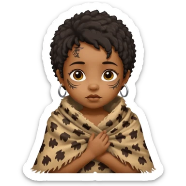 ancient hairy black baby tatooed girl, tattered animal skin shawl sticker