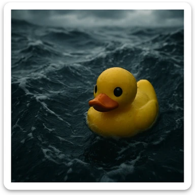 Extreme Closeup shot of Yellow duck toy on ocean during cloudy day, stormy sea, Camera from top, inspired by interstellar, shot by camera alexa 65, 35mm lens sticker