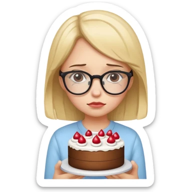 Sad girl with glasses holding a cake sticker
