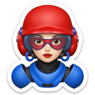 blue curly girl with huge earrings playing paintball with red paintball helmet with eye protection, only face  sticker