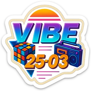 Add a Rubik's cube and a cassette player to this 80's retro VIBE25-03 logo, keeping the neon synthwave style and vibrant colors, with no background. Maintain the vibrant neon synthwave aesthetic and retro vibe. sticker