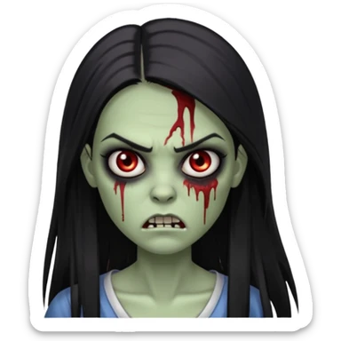 девушка зомби с темными длинными прямыми волосами, с черными макияжем глаз, тонкими бровями, со злым выражением лица в стиле Apple avatar sticker