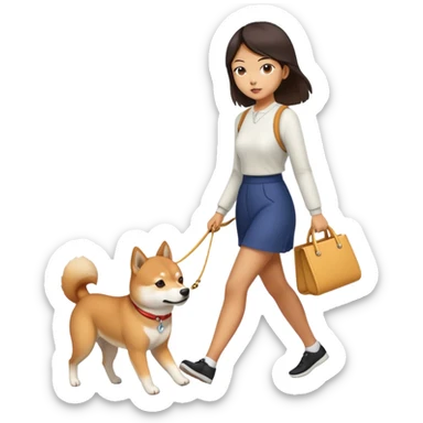 Asian girl walking a Shiba Inu  sticker