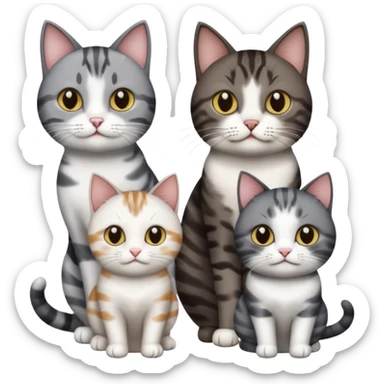 3 different coloured short haired cats including; a dark brown tabby and white cat, and a dark grey and white  sticker