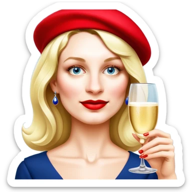 French woman with a red beret and drinking champagne from a coup glass sticker