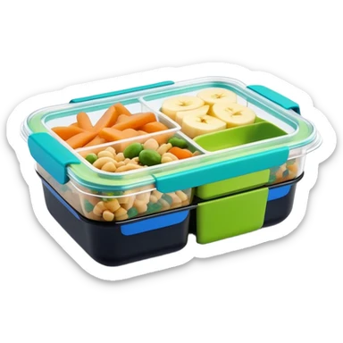 Small plastic meal prep container with food in it with clear lid, black bottom with bright green and blue label sticker