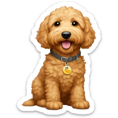 Mini goldendoodle with apricot colored fur, neutral collar and dog tag says “autumn” sticker