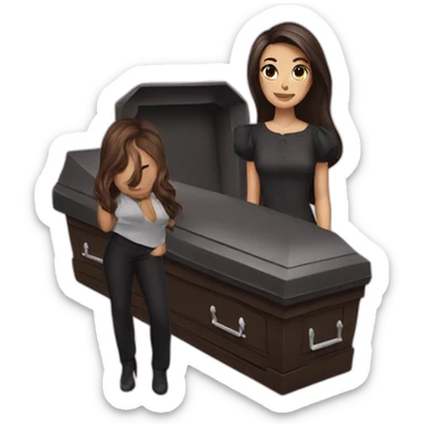 brunette next to a coffin sticker