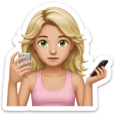20-year-old girl with long wavy hair brown roots blonde highlights green eyes brown eyebrows good summer tan iPhone emoji style can you make her wear a light pink tank top sticker