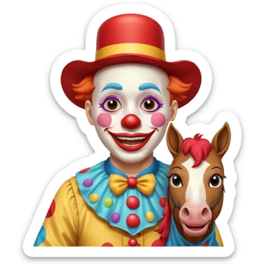 a crying but smiling and showing a peace sign clown face riding a horse sticker