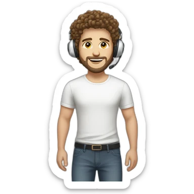 white guy with curly hair brun guy with white headphone and short beard sticker