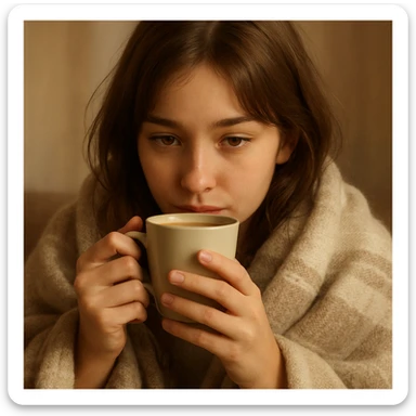 girl with brown hair and light brown eyes drinking coffee from a cup, wrapped in a blanket, soft and warm atmosphere sticker