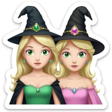 elfiba and glenda from wicked, elfiba in a green dress and green eys and a black witch hat, and glenda in a pink puffy dress blue eyes and a tiara and blond hair sticker