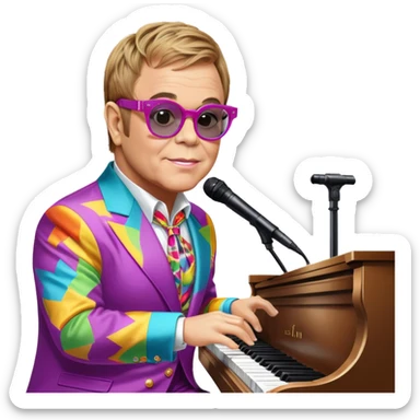 Pop music icon: Elton John at the piano in signature glasses and colorful outfit, George Michael holding a microphone in stylish attire. Stage lights and musical notes in the background. Transparent background. sticker