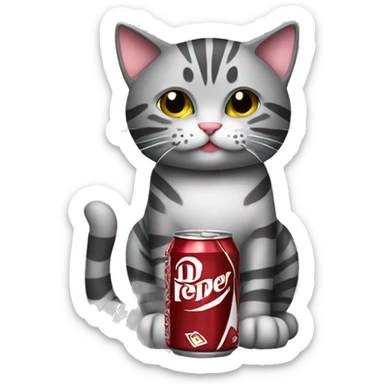Gray striped cat with a dr pepper can sticker