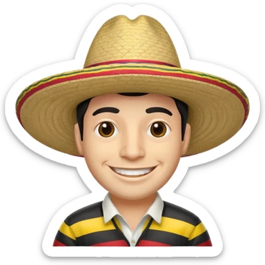 A happy fair skinned Colombian man wearing a Colombian sombrero that has black horizontal stripes sticker
