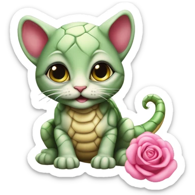 Un chaton couleur écailles de tortue, avec des yeux verts et les pupilles d’un serpent, avec un petit noeud rose autour du cou sticker