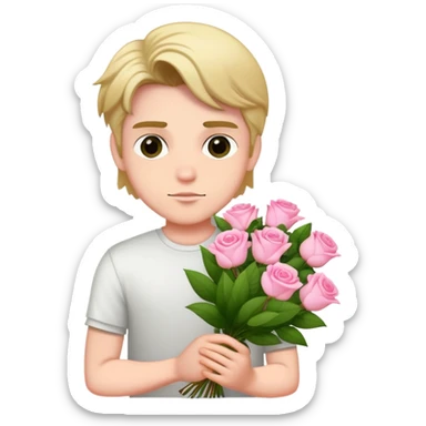 A cool bad boy with fair skin holding a bouquet of pink jasmine roses sticker