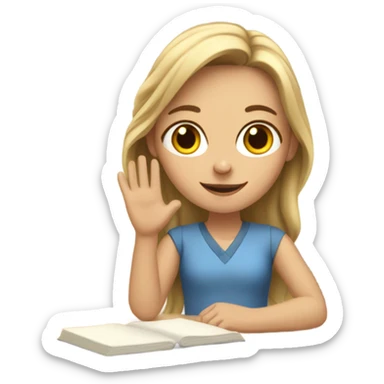 A white girl with a raised hand at a desk at school  sticker