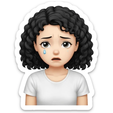 a pretty fair bratz girl with black curly hair, crying, wearing a white tshirt sticker