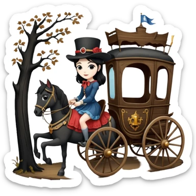  Rustic all black antique wood  1854 pretty dark-haired Catgirl driving a huge horse-drawn fancy French stagecoach Caravan on a bumpy scary ghost trail in the woods  sticker