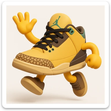 Create a sneaker character in a jumping pose with arms and legs, inspired by the reference image, in a 3D emoji style. The style should resemble Microsoft style 3D fluent emojis with a playful and dynamic pose. sticker