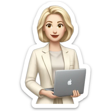 pale skin woman with ash blonde Straightened bob Hair, White Spacious classical jacket, beige palazzo Arrow pants and gray blouse holding a MacBook in the hands sticker