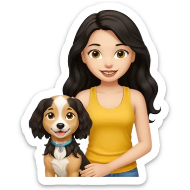 brown pretty bratz girl with long wavy black hair, wearing a yellow tank top with a dog sticker