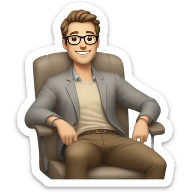 Joyful thrumbs up Pale skinned Fit Man With dark brown hair in gray jacket, beige office shirt, Brown pants and vintage glasses sitting In a soft chair sticker