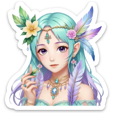 Beautiful gorgeous anime lady with beautiful iridescent-special-hair, fashion aesthetic, ethereal, fairycore, pastelcore, feather-ear-cuffs, flower, crystals, accessories, jewelries, gold, colorful sticker