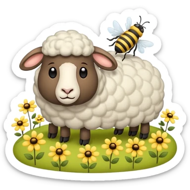 sleepy sheep in the field and a bee sticker