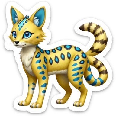Colorful Golden Gold Shiny Lombax-Sergal-Vernid-Serval-Civet-Genet-Pokémon-Digimon-Fakémon-fusion-hybrid-creature with Cyan stripes and blue leopard-spot-markings  sticker