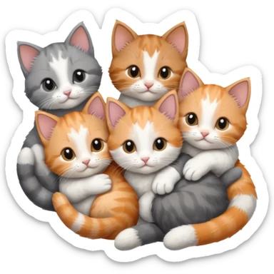 6 tiny kittens cuddling together all various different natural colours including solid grey with white mittens, grey and white, ginger and white, calico, and brown and white sticker