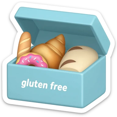 Kawaii open blue bread box filled with baguette, croissant, pink donut, white bread roll. "gluten free" text on front. Thick outline, flat cartoon sticker style, pastel blue, white background. sticker