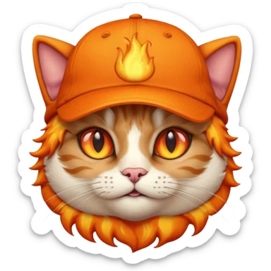 Cat with the flames in his eyes with a orange baseball hat on his head sticker