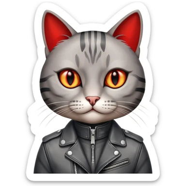 Semi Realistic Gray Striped Cat with Red Eyes in Stylish Leather Jacket sticker