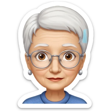 Create me emoji of an old lady. Short white hair to left side. Square glasses. Brown eyes. Rounded really big and long face. Wide nose sticker