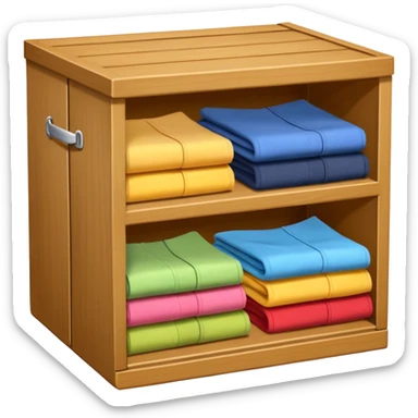 wooden storage box with folded clothes organized in compartments emoji style sticker