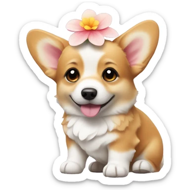 Cute small corgi puppy with a flower on its head sticker