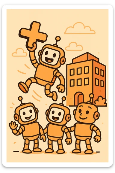 playful flat icon with a group of cheerful robots, one jumping and holding a large orange plus sign, in front of a whimsical orange office building, orange-themed, fun, for a new customer organization created Slack webhook bot for a B2B SaaS LLM evaluation company sticker