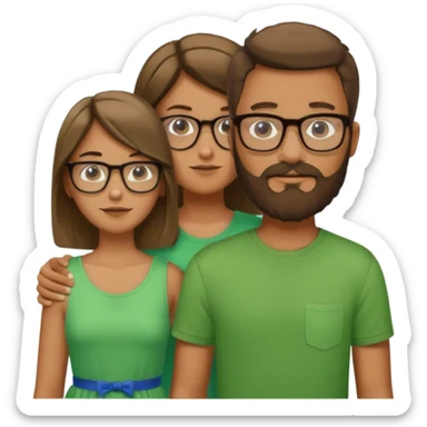 A family consisting of a man who's bearded, tanned, wearing glasses, a woman, slightly tanned, and a 14 year old teenage boy, slightly tanned, wearing a green t-shirt sticker