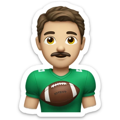 boy with brown hair and blue eyes with a moustache. wearing a green shirt. holding an american football  sticker